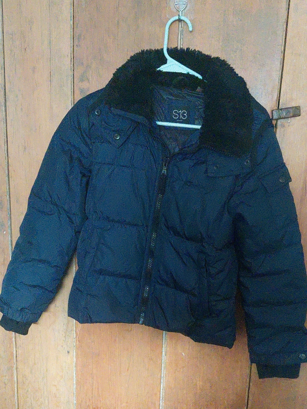 S13 Black Puffer Jacket with Faux Fur Collar And Removable Hood
